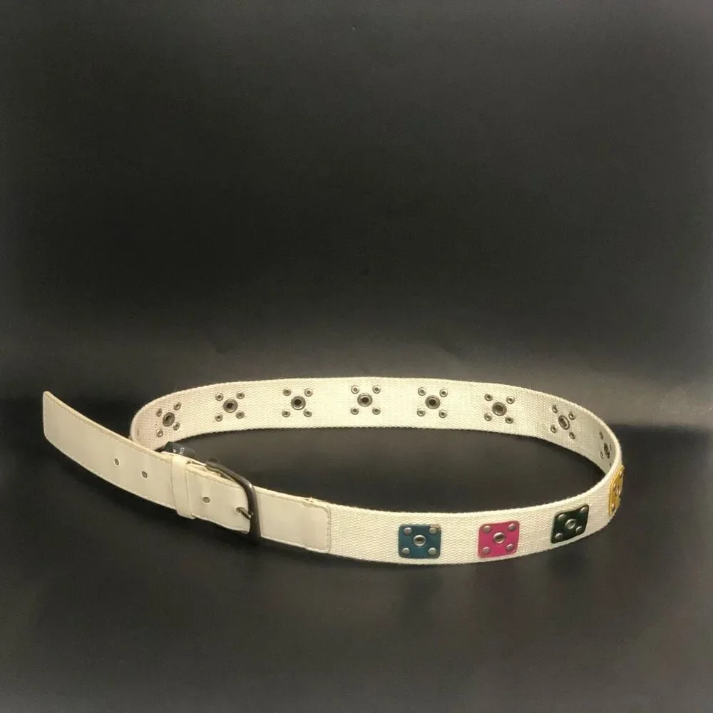 White Canvas Webbing Belt Multi Color Studded Grommet Y2K Style Size M S051349